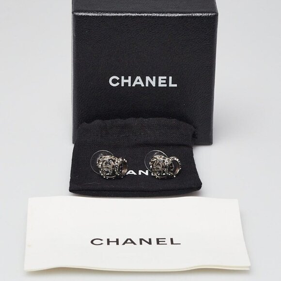 Chanel Silver Metal Strass/Black Crystal Mini CC Earrings - Picture 6 of 7
